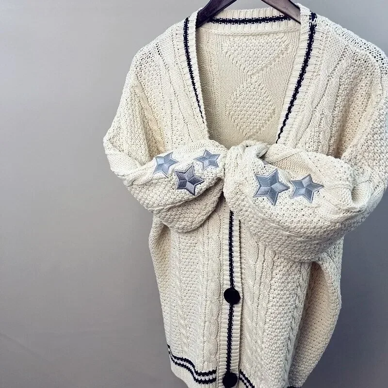 Cárdigan Vintage de manga larga con bordado de estrellas, suéteres informales holgados con cuello en V, jersey de calle Y2k, otoño e invierno, novedad de 2024