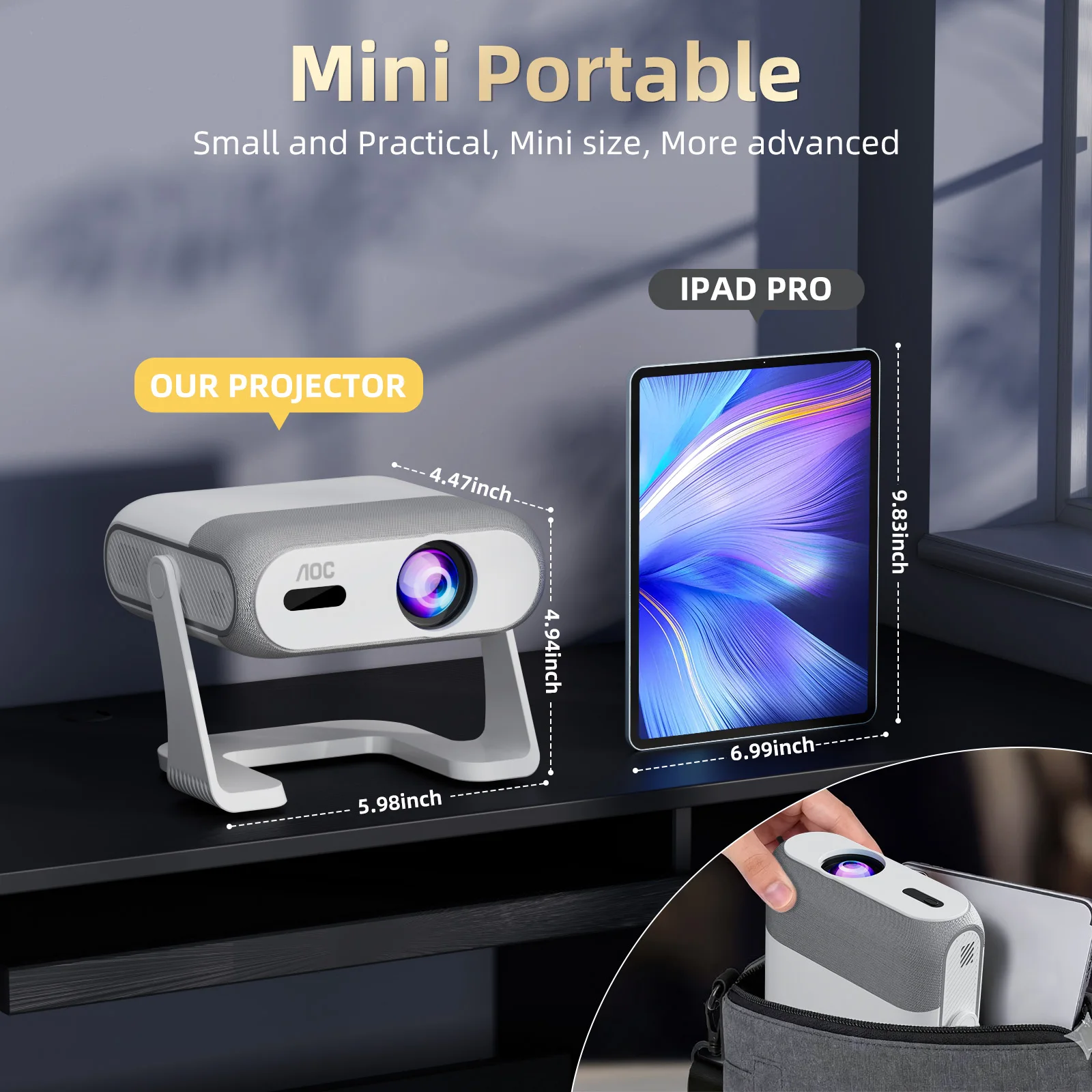 AOC HA116 Mini Projector WiFi 6 Native 720P Supports 4K 290ANSI Android 14 Auto Focus Keystone RGB Light Wireless Mirroring USB