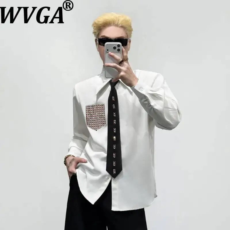 WVGA Spring New Men's Korean Style Heavy-duty Contrast Diamond Trendy Long Sleeve Shirt Niche Chic Casual Draped Tops Ins W26000