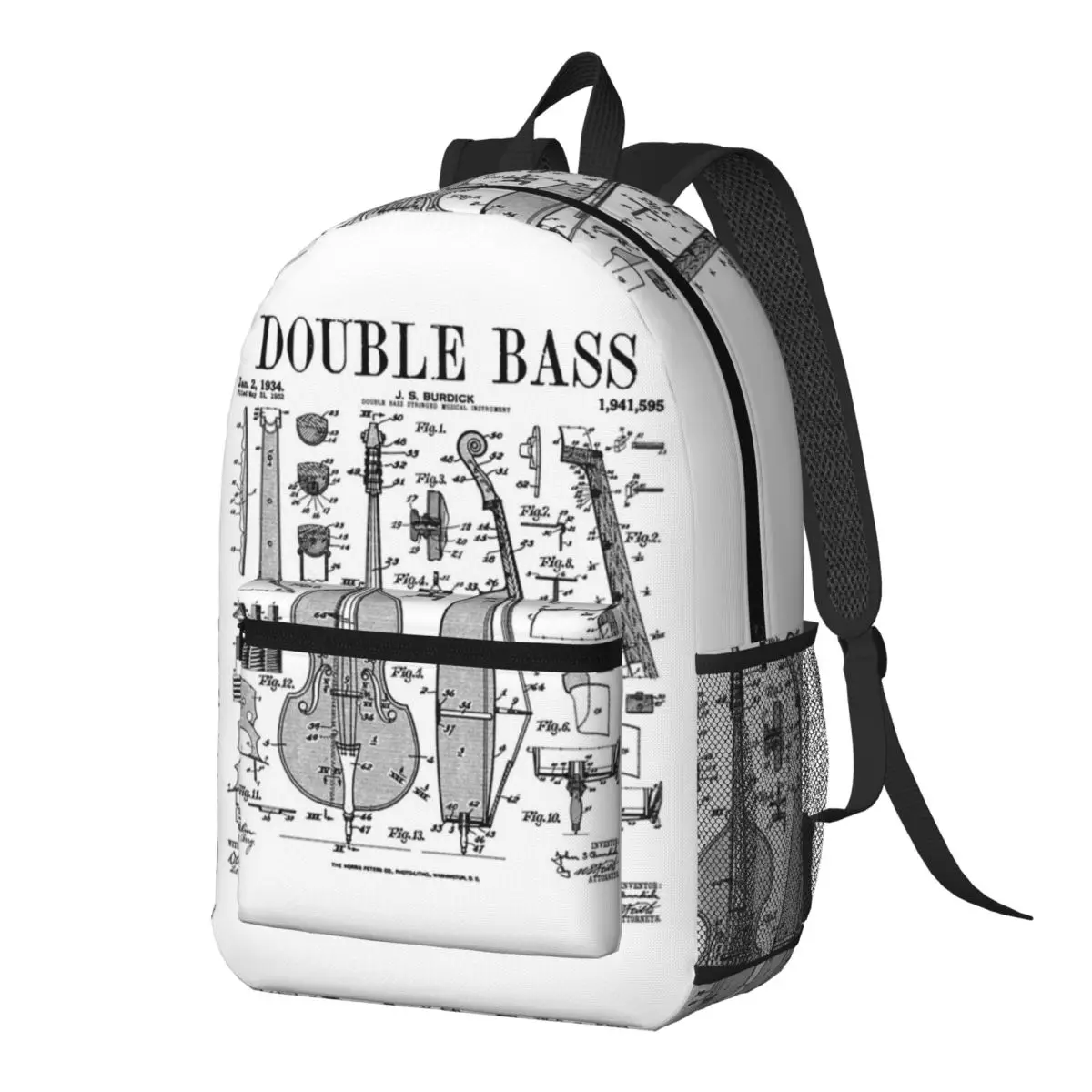 Double Bass Player Bassist Musical Instrument Vintage Patent Backpack Daypack Kid BookBag School Bag Shoulder Bags for Men Women