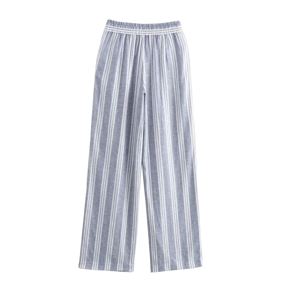 PB&ZA2024 Summer New Women\'s Fashion temperament casual loose and versatile linen blend striped printed straight leg pants