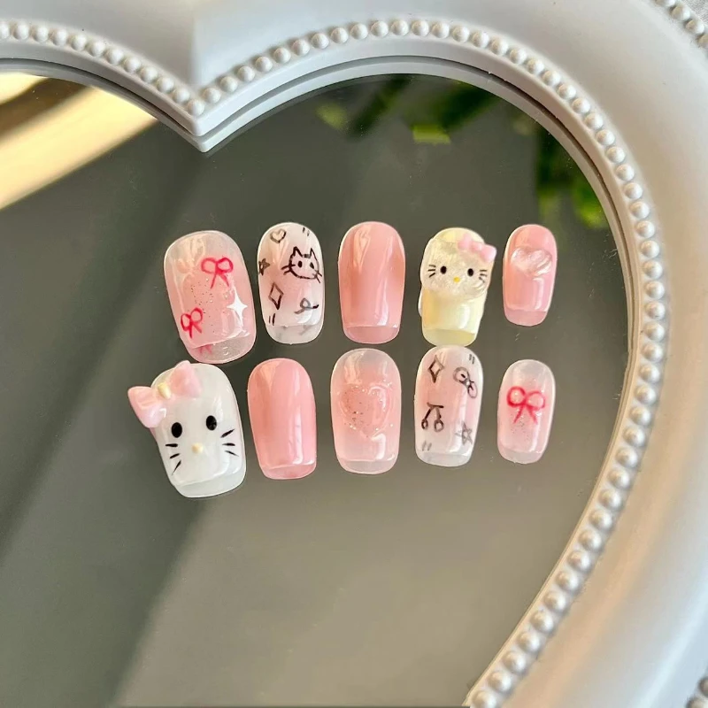 Uñas postizas coreanas cortas hechas a mano con Gato, accesorios de decoración, puntas de uñas acrílicas, 10 piezas