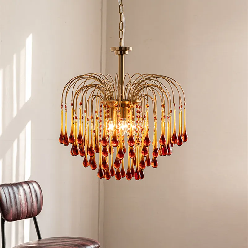 

French Retro Raindrop Colorful Glass Chandeliers Creative Pendant Light for Living Room Bedroom Hallway Foyer Wardrobe Lighting
