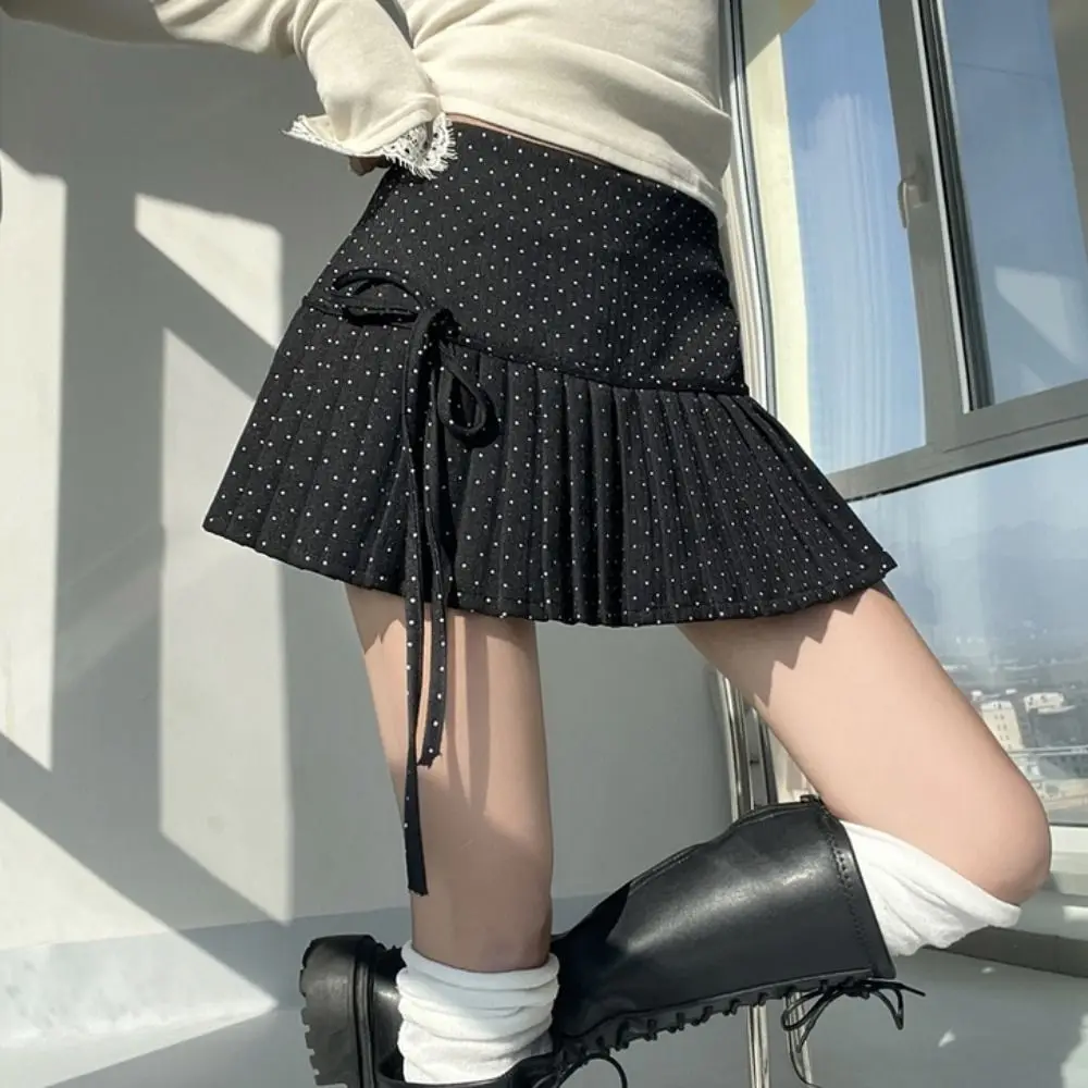 

Sweet Sweet Pleated Skirts for Women Preppy Style Bowknot Dot Mini Skirt High Waist with Safety Pants A-line Short Skirts Ladies