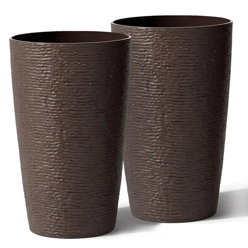21 Inch Tall Round Plastic Planters Set of 2 Flower Pots with Drainage System-Brown