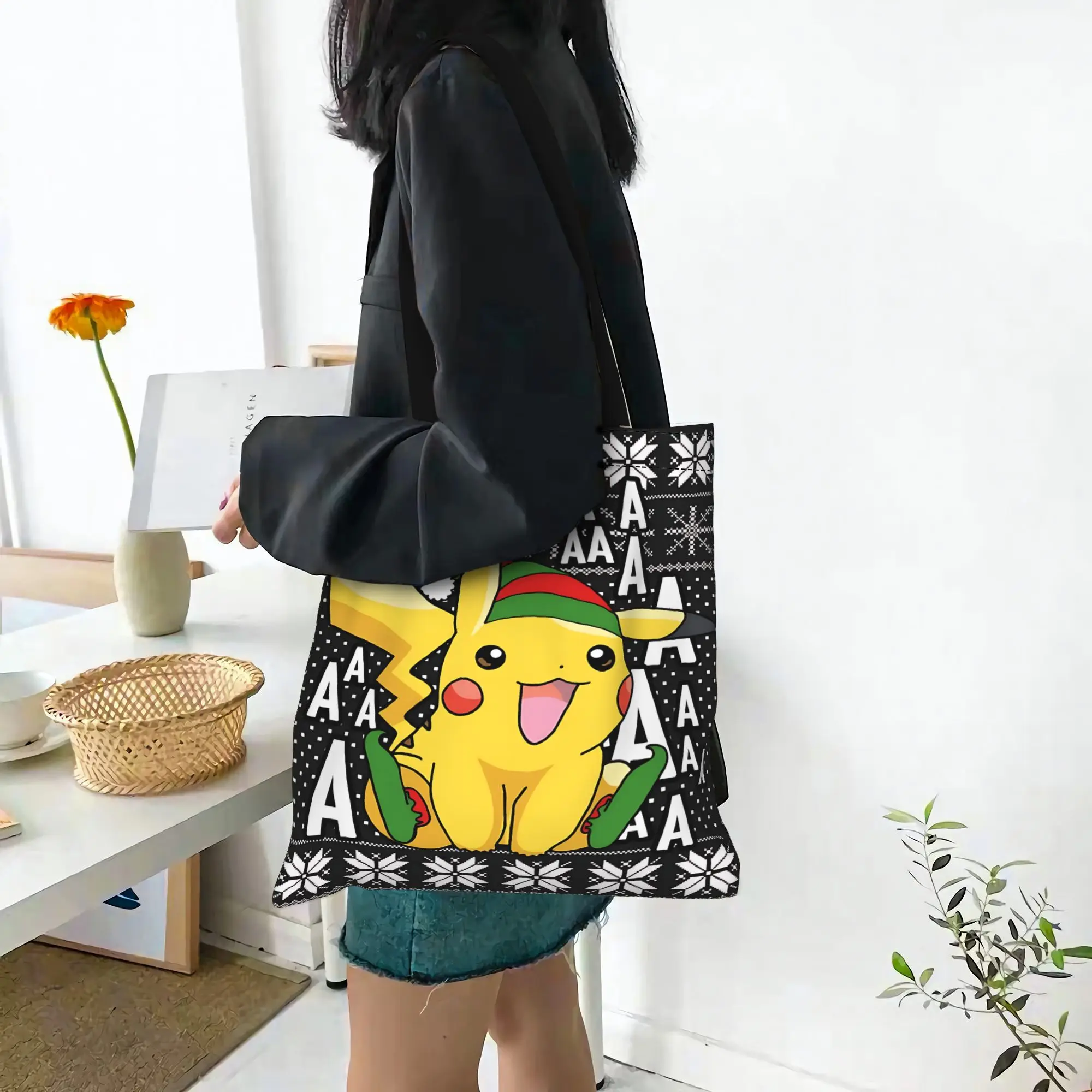 Customized Pokemon Pikachu Christmas Snow Women's Bag Shopping Bag Reusable Double Sided Canvas Tote Bag Shoulder  Handbag