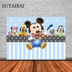 Light Blue Baby Mickey Mouse Backdrop Half Birthday Background Mickey Daisy Baby Shower Backdrop for Boy Happy Birthday Banner