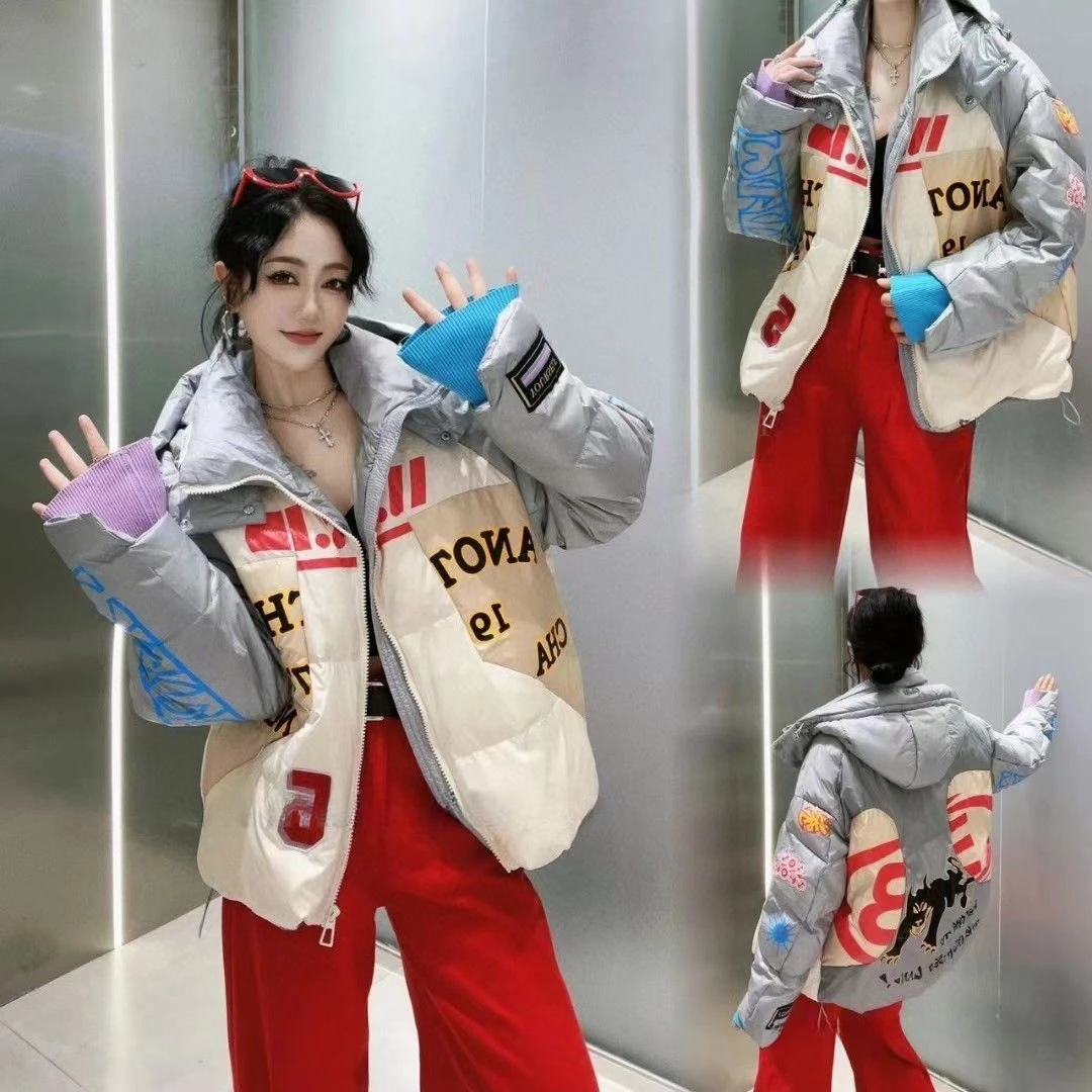 Women\'s Down Jacket White Duck Down Winter Short Thickened Hooded Bread Coat Graffiti Print Design Sense Hipster Jacket