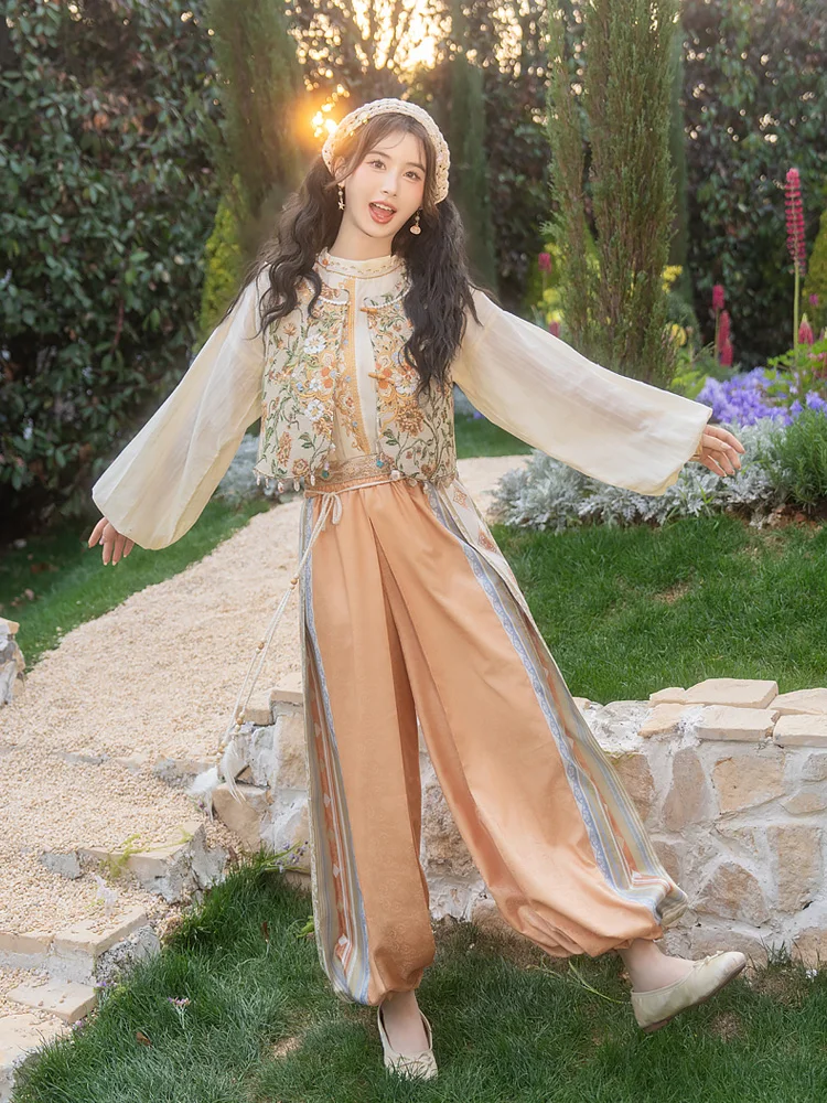 

Daily Wide Leg Lantern Pants Women's Summer Hanfu Set round Ne Small Peddler Lantern Pants Original Design Chinese Sle