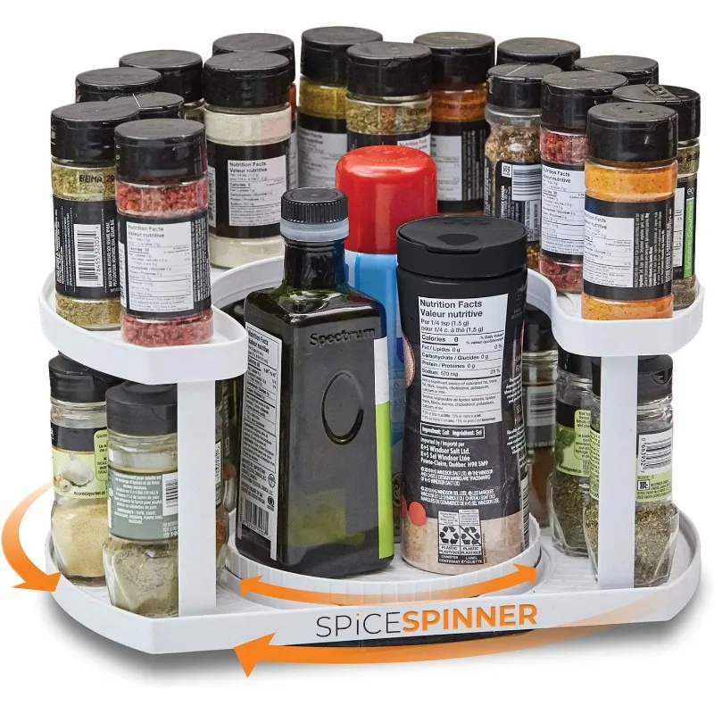 Two-Tiered Spice Organizer & Holder That Saves Space, Keeps Everything Neat, Organized & Within Reach With Dual Spin Turntables