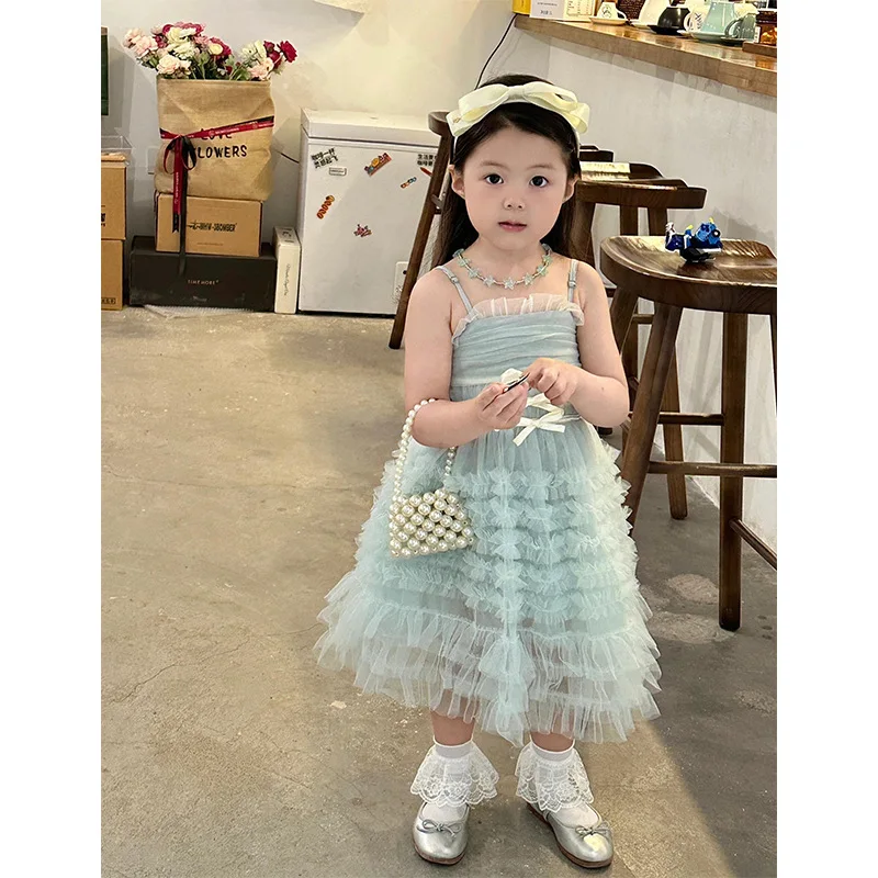 

Baby Girl Dress Girls Sea Salt Ballet Bow Pommel Mesh Skirt Children Fashion Comfort Baby Princess Vest Halter Cake Dress