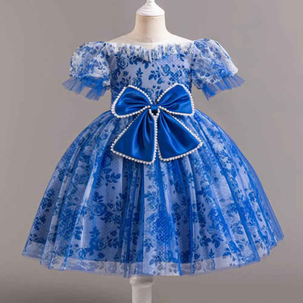 

Новое вечернее платье 2026 года: Нежное и милое, с цветочным бантом, сетчатыми вставками, жемчугом и рукавами-фонариками, для принцесс, на свадьбу, для девочек-цветочниц, на день рождения