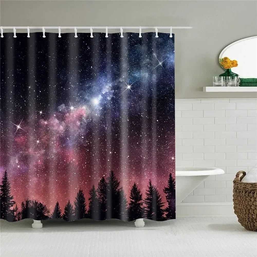 Night Sky Gradient Shower Curtain, Fantasy Starry Sky, Galaxy, Forest, Black, Purple Theme Fabric, Bathroom Decor Set