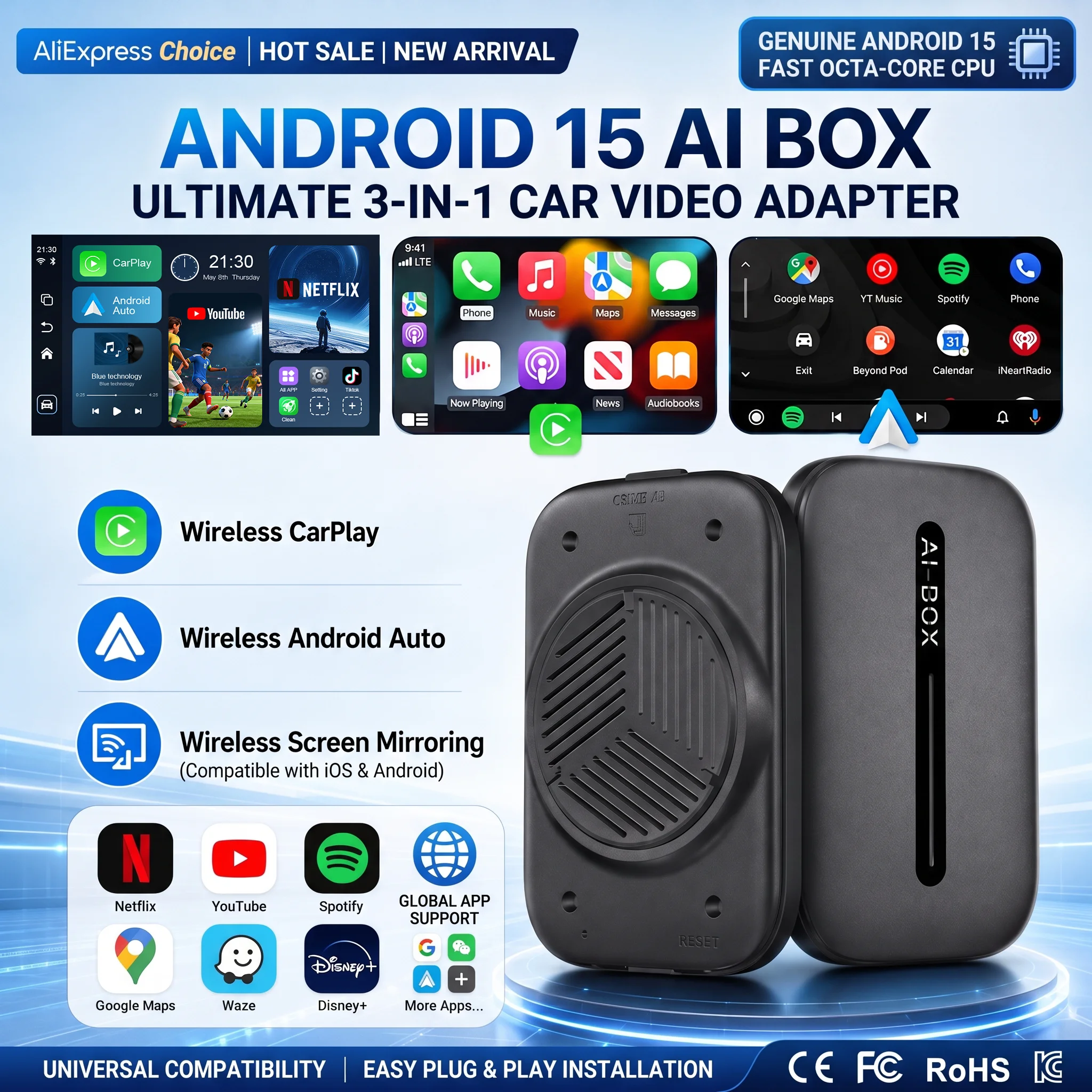 Kowankit 2026 Wireless CarPlay AI Box Android15 Wireless Android Auto Adapter 3in1 Smart Car TV Box HD Plug Play Netflix YouTube