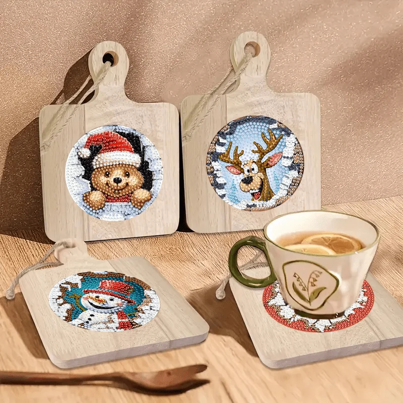 

4PCS Wooden Diamond Painting Cup Coasters, Christmas Theme Heat-Resistant Drink Mats, Home Kitchen Decor Unique Handmade Gift
