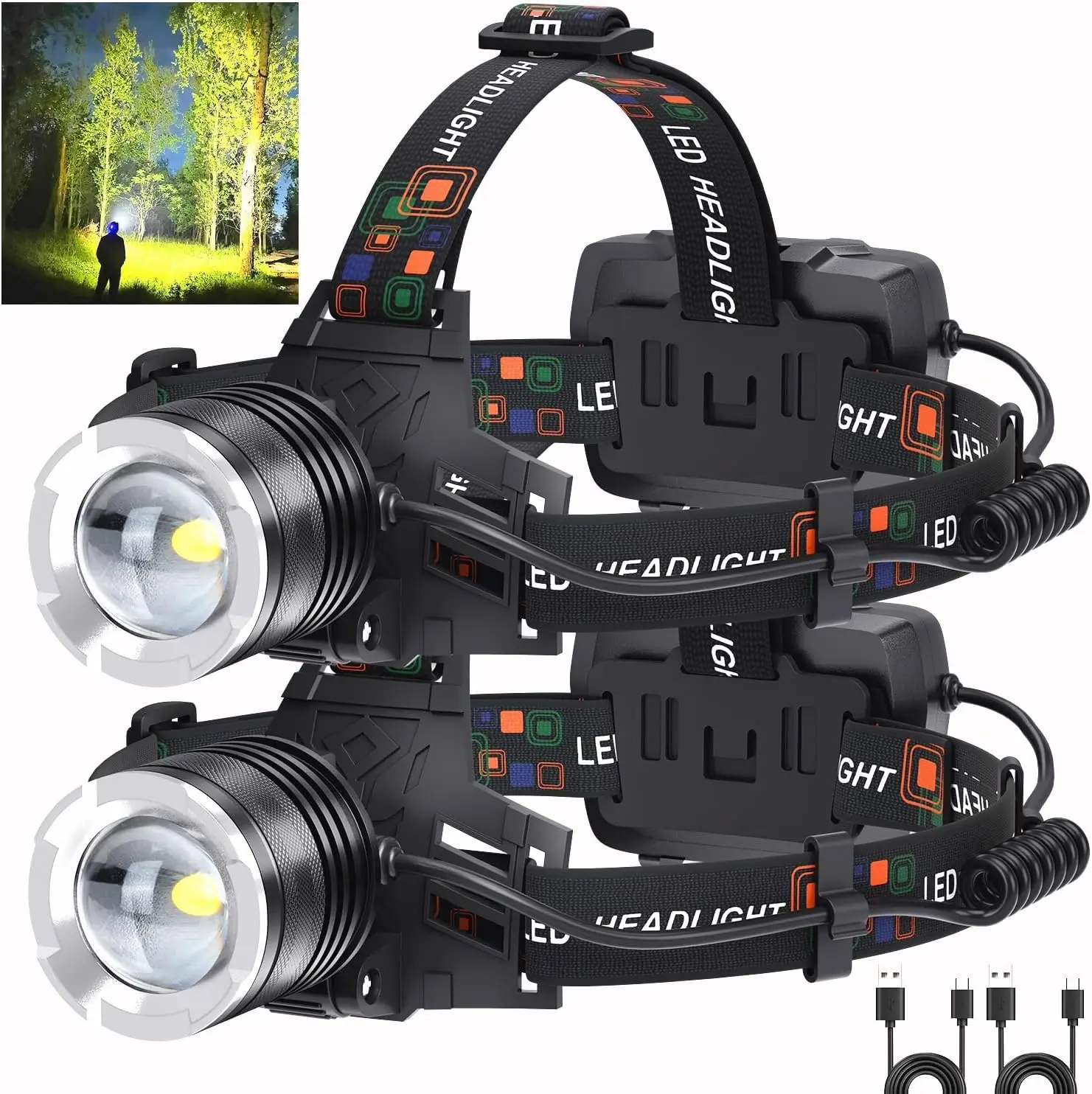 

2 Pack LED Rechargeable Headlamp, 99K Lumens Super Bright Waterproof with 5 Modes for Outdoor Camping