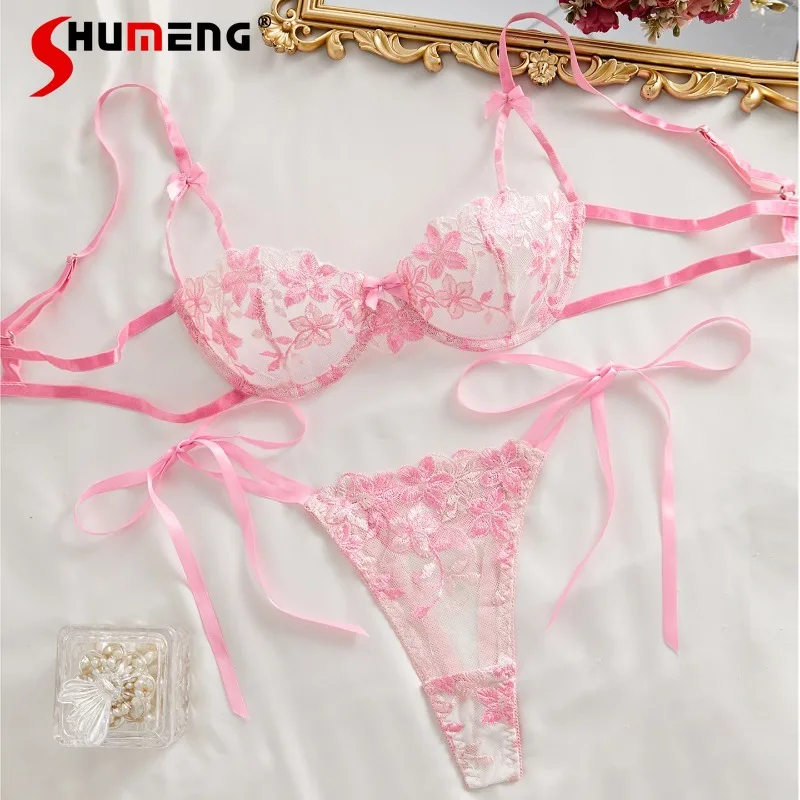

Three Point Underwire Push Up Bra Set Women American Pure Desire Style Underwear Female Embroidered Half Cup Hollow Brief Suits