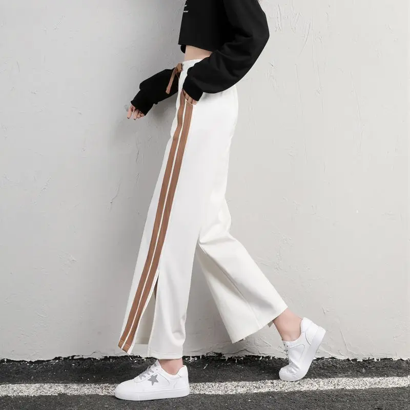 Moda Nova Primavera Verão Mulheres Casual Sports Pant Solid Loose Cintura Alta Drawcord Bolsos Coreano Wide Leg Straight Trouser 2023