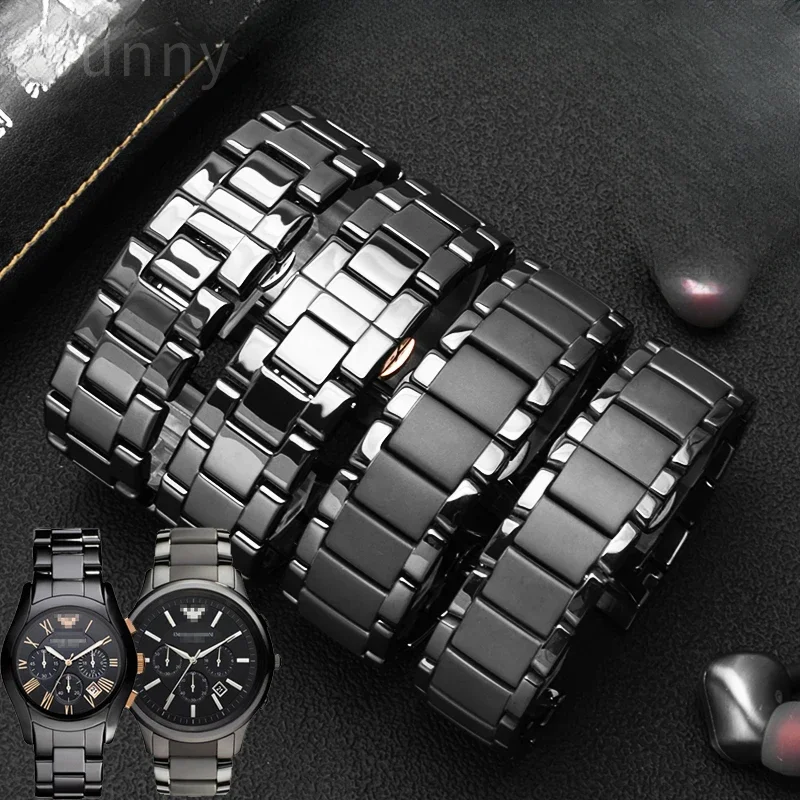 For Armani Curved Interface Glossy Ceramic Watchbands Ar1451//1400//1421/1440 Durable Business Comfortable Black Watch Strap