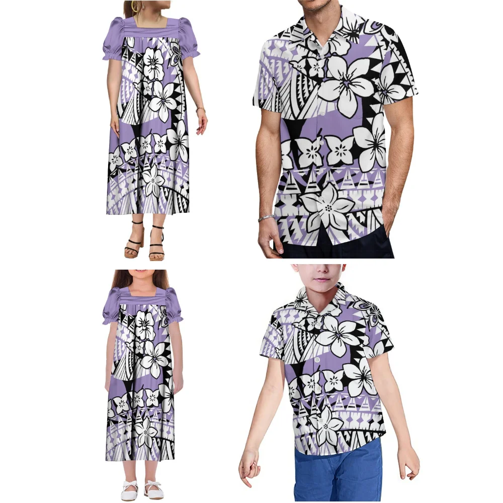Maßgeschneiderte hawaiianische bedruckte Hemdoberteile für Herren und Jungen, Mumu-Kleider für Damen und Mädchen, polynesische Familien-Party-Outfits