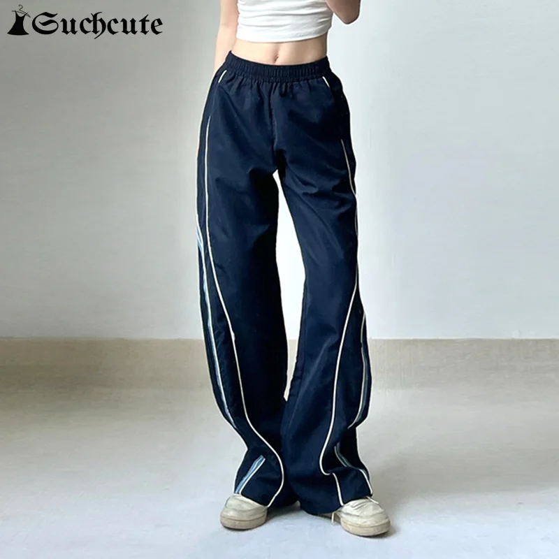 

SUCHCUTE Sporty Casual Stitch Patched Women SweatPants Grunge Vintage Korean Fashion Trousers Streetwear Low Waist Baggy Outfits