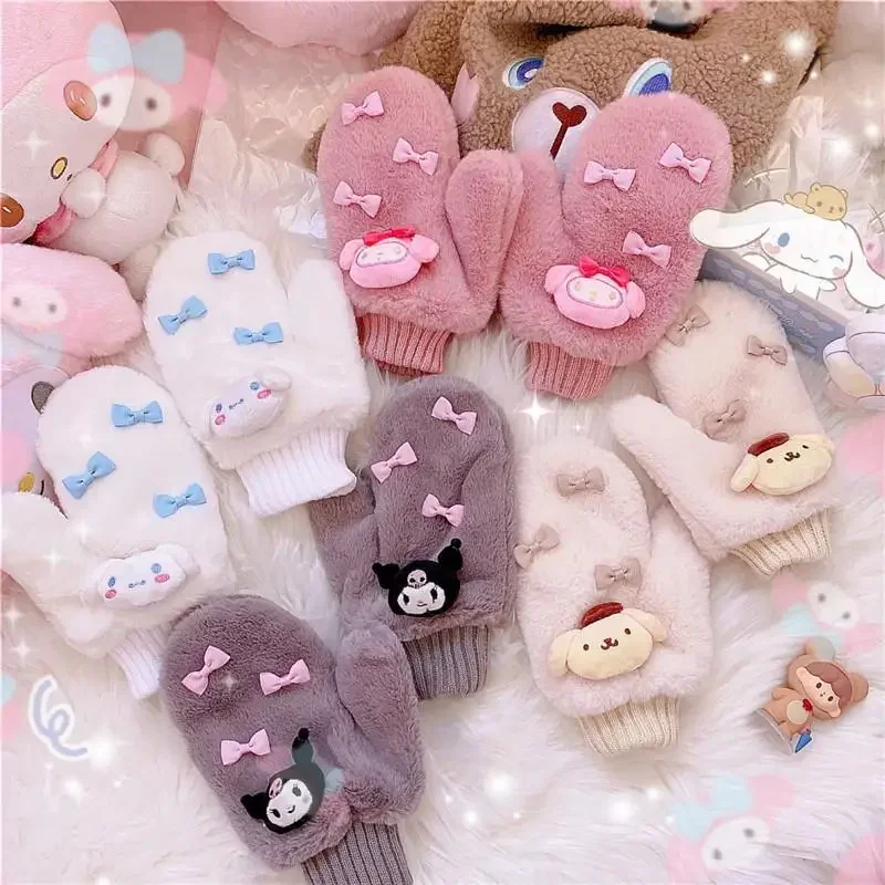 Sanrio Cinnamoroll Kuromi My Melody Cartoon Kawaii Japanese Girl Bow Thickened Warm Windproof Halter Gloves 12 years and above