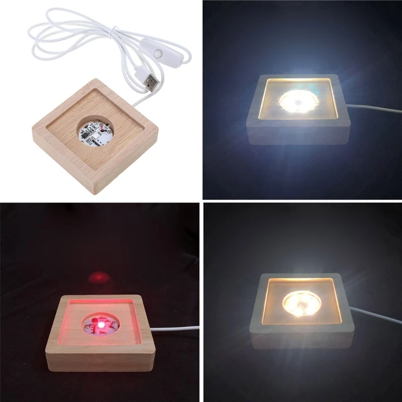 LED Lights Display Base Colorful /White/Warm Light Wooden Lighted Base Stand with USB Cable Table Centerpiece Home Decor