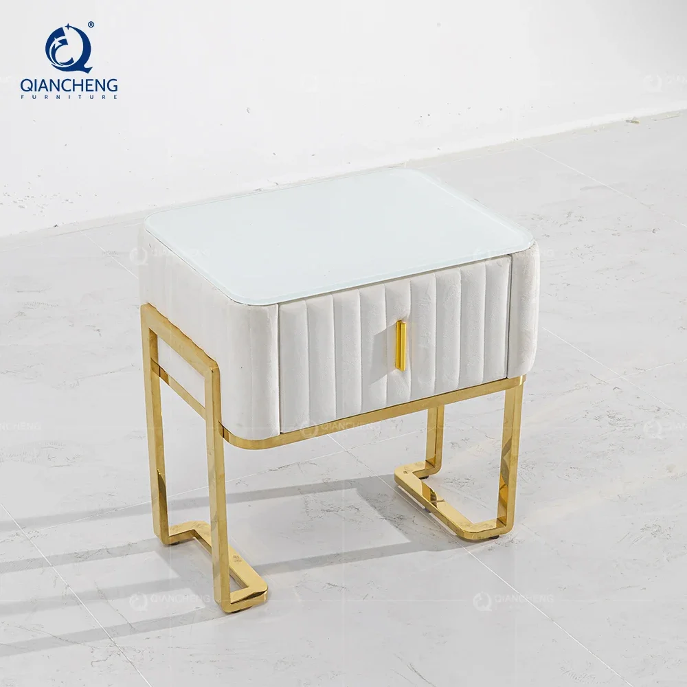 

Minimalist Style Velvet Fabric Bedside Table With Strong Box Children's White And Gold Steel Bedside Cabinet With Table In China