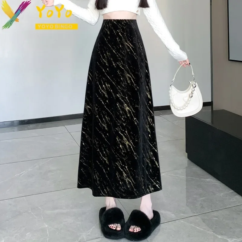 Elegant Fashion Vintage Velvet Printed High Waist Skirt 2024 Temperament Autumn Chic Work Retract Waist Mid-length Ankle Skirt