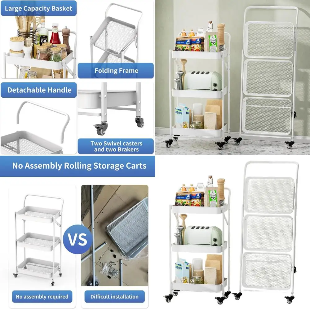 

3-Tier Folding Metal Cart with Wheels for Storage and Organization in Kitchen, Laundry, and Bathroom (White)
