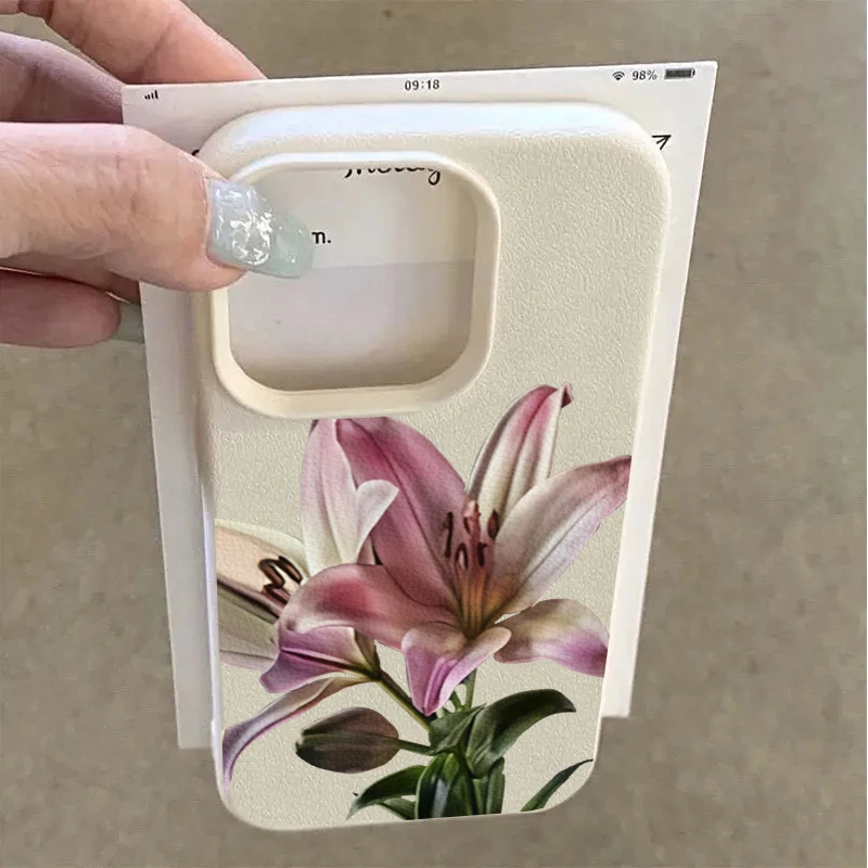 Elegant Pink Lily Design Lychee Texture Phone Case For iPhone 11 12 13 14 15 16 Plus 17 Pro Max XS X XR 16E 17 Air Soft Cover