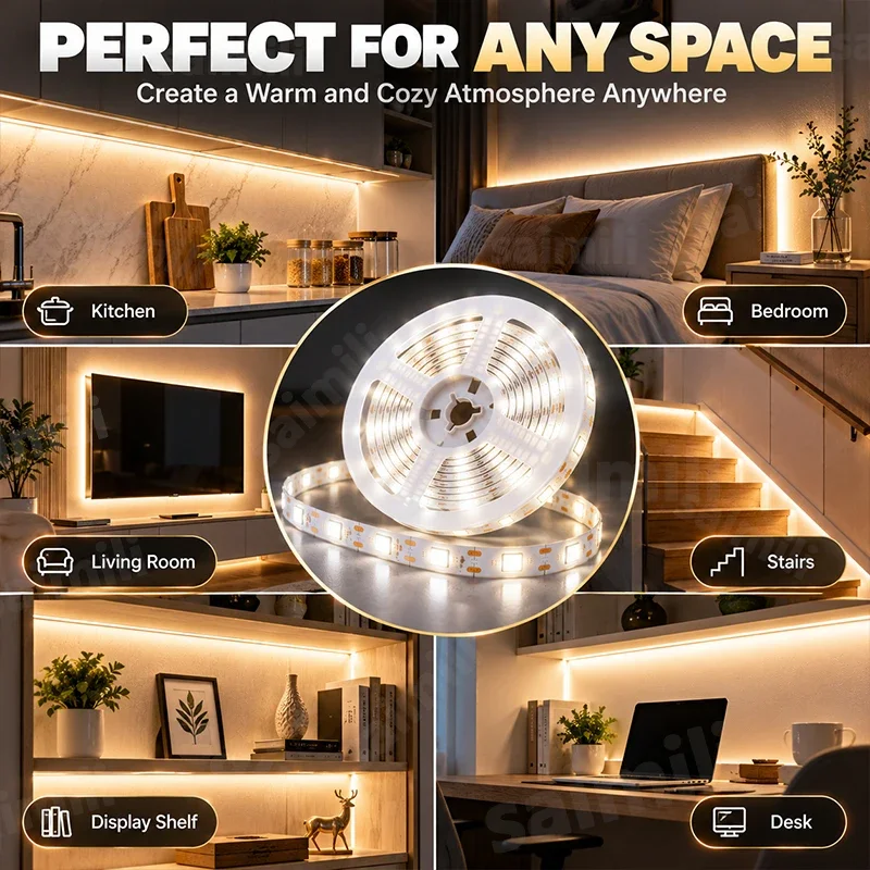 LED Strip Lights USB Button Control 5V Safe Low Voltage Soft Uniform Light Self-Adhesive Cuttable For Desk Closet Home Decor - view 6