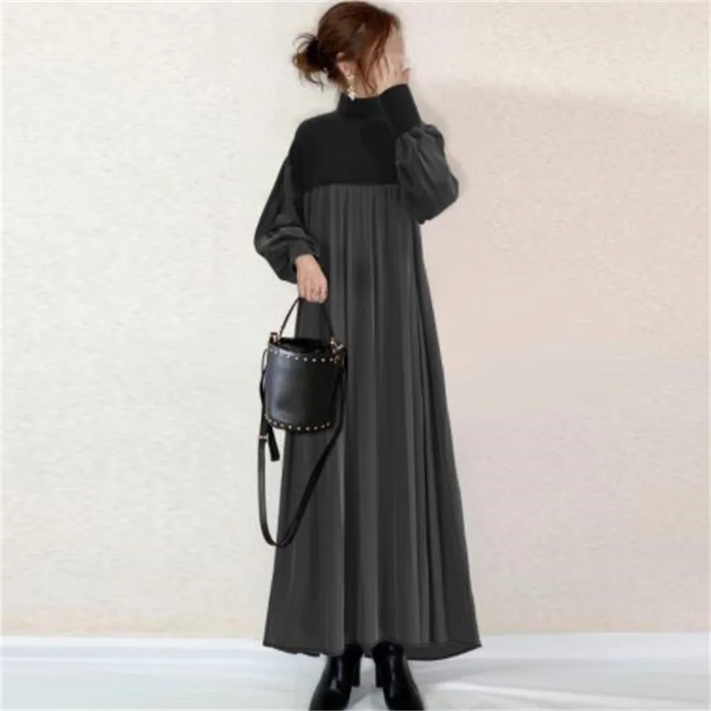 autumn/winter new sweater patchwork black and gray shrink woven organ pleated dress