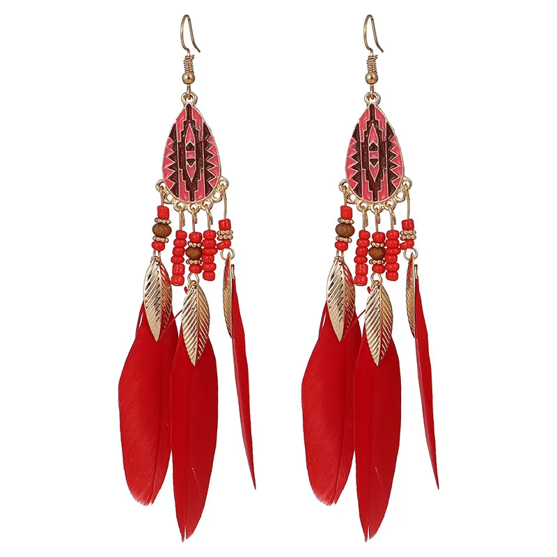 Böhmische lange Feder-Ohrringe für Frauen, klassische ethnische Retro-Temperament-Kette, Blatt-Perlen-Quasten-Ohrringe, Boho-Hochzeitsschmuck – Detail 35