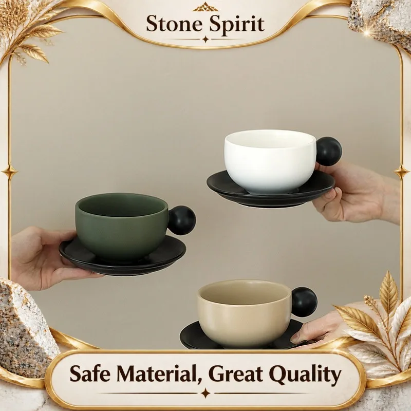Creative Ball Handle Color Block Ceramic Coffee Cup with Saucer,Wide Mouth Latte Art Mug for Home Kitchen,Vintage Drinkware Gift