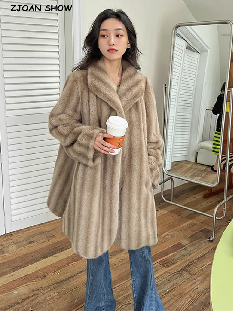 High quality Winter Khaki Gradient Stripe Hairy Shaggy Mink Faux Fur Coat Long Sleeve Furry Jacket Women Lapel Midi Outerwear