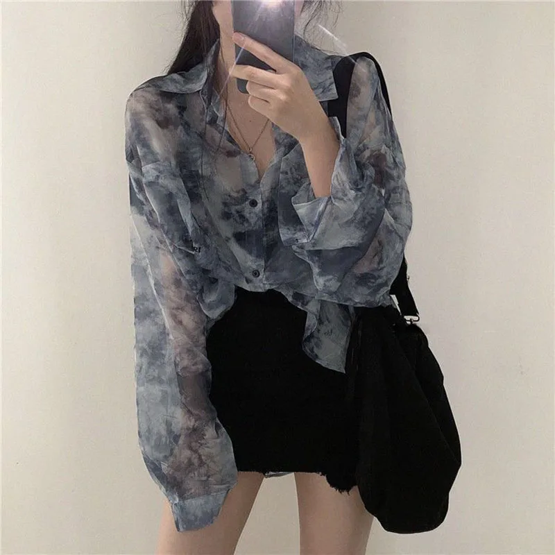 Chiffon Tie Dye Shirts Women Korean Fashion Loose Long Sleeve Sun-Proof Blouse Female All-Match Summer Holiday Baggy Casual Top