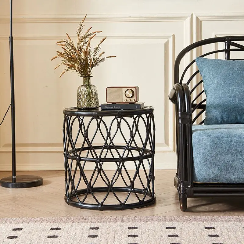 Nordic rattan coffee table, household living room, full rattan round table, wabi-sabi wind side table combination