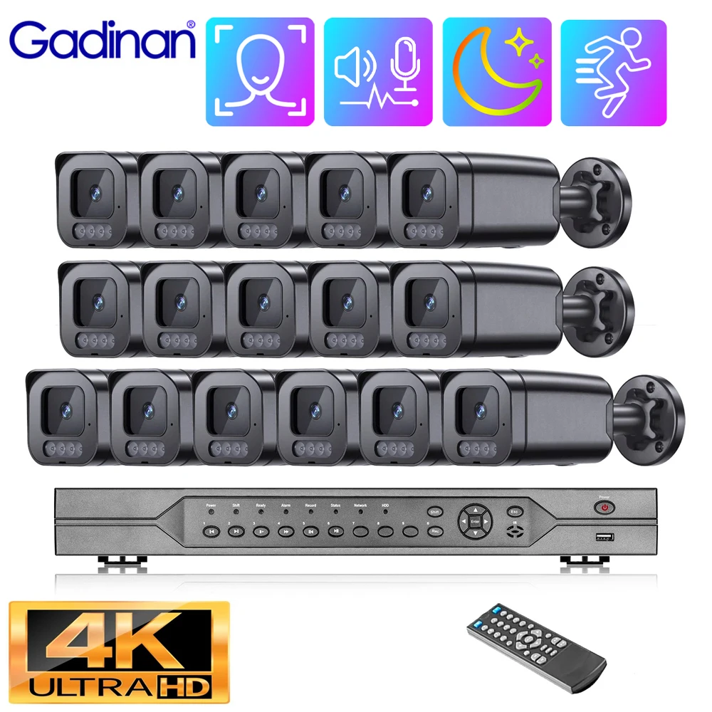 

Gadinan HD 4K 16CH NVR Outdoor Full Color Night Vision Face Detection POE 8MP Security Camera System CCTV Video Surveillance Kit