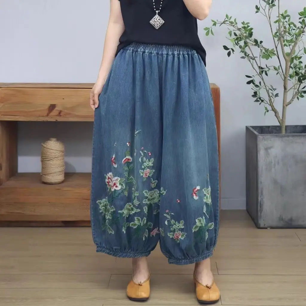 Spring 2026 Loose Heavy Embroidery Lantern Pants Casual Versatile Denim Ethnic Style Women's Elastic Waist Cotton Jeans