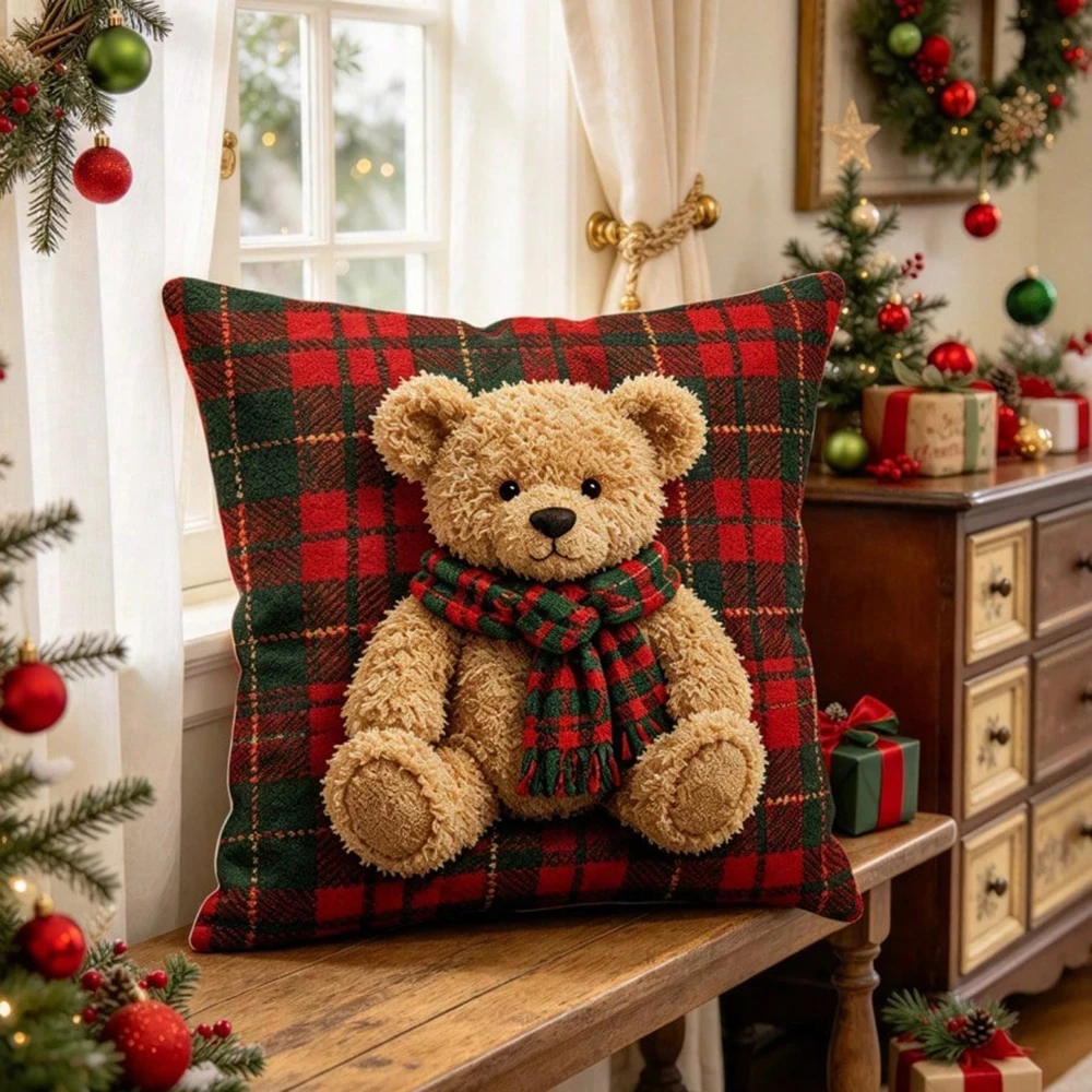1PC Christmas Plaid Teddy Bear Cushion Cover,Flannel Throw Pillow Case,Square Pillow Cover for Sofa Bedroom Xmas Home Decor