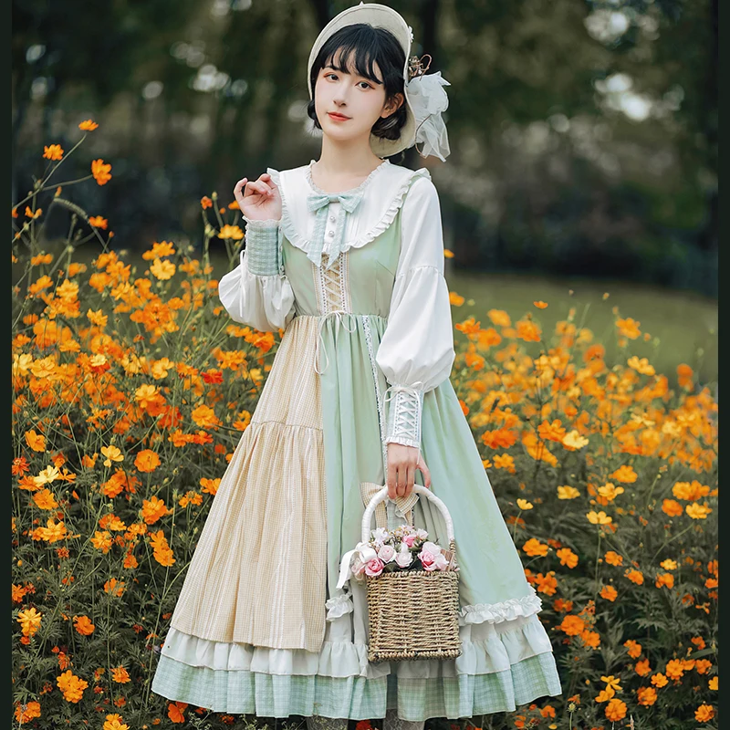 

Princess Tea Party Sweet Lolita Dress Vintage Lace Bowknot Pastoral Style Dress Fresh Plaid Stitching Long Dress Cosplay Cos