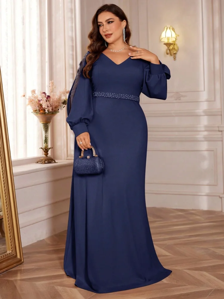 Abiti da sera formali con paillettes applicati a maniche lunghe blu con scollo a V di lusso taglie forti Abiti da cocktail maxi per feste di nozze con scollo a V da donna