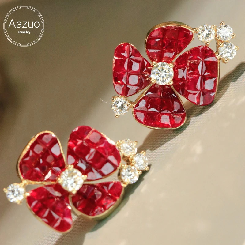 Aazuo High Jewelry 18k Yellow Gold Natural Ruby Real Diamond Luxury Flowers Earrings Gifted For Women Engagement Wedding Party