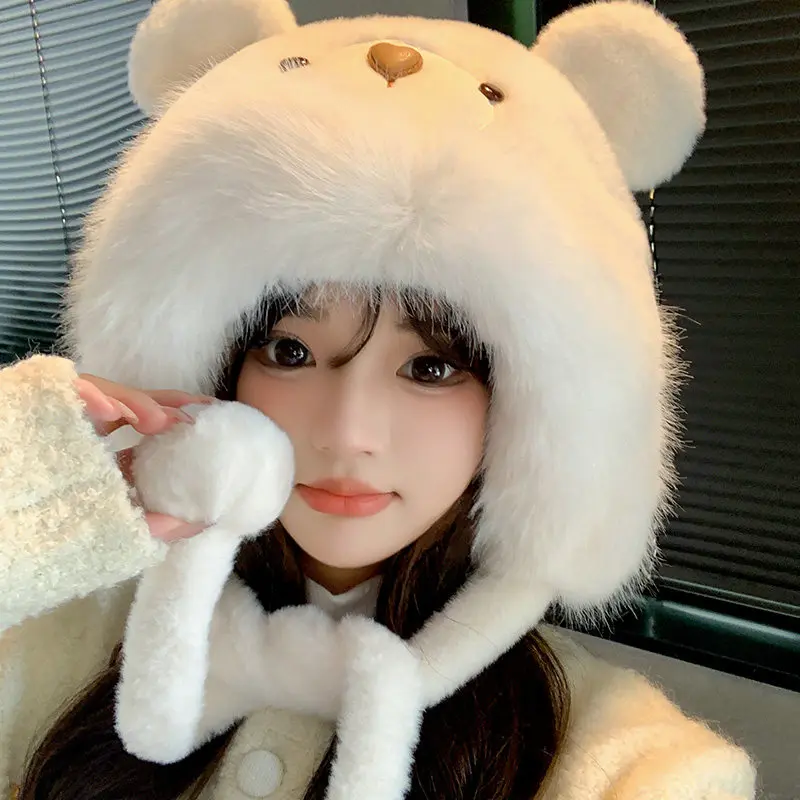 

Plush Teddy Bear Ear Hat Windproof Thick Warm Autumn Winter Cap Cute Ear Protection All Seasons Riding Cap for Men Women