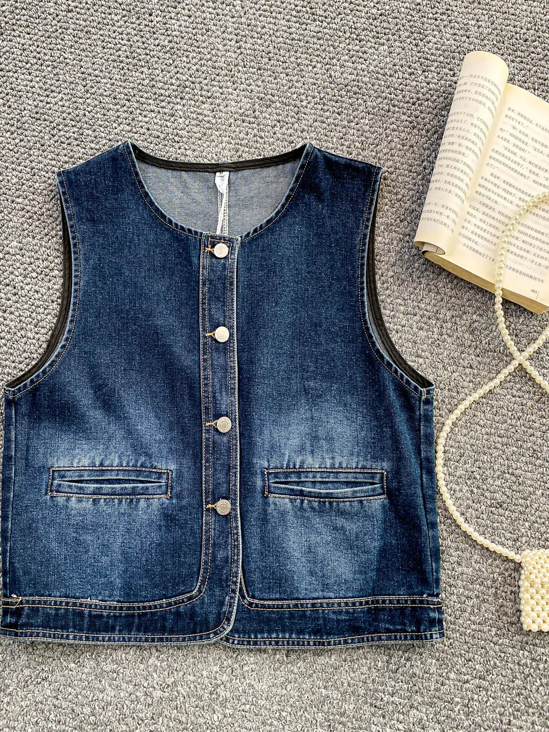 

Retro Hong Kong Sle round Ne Denim Vest Women's Slim Fit ort Top Button up Casual Commute Faion Single Button