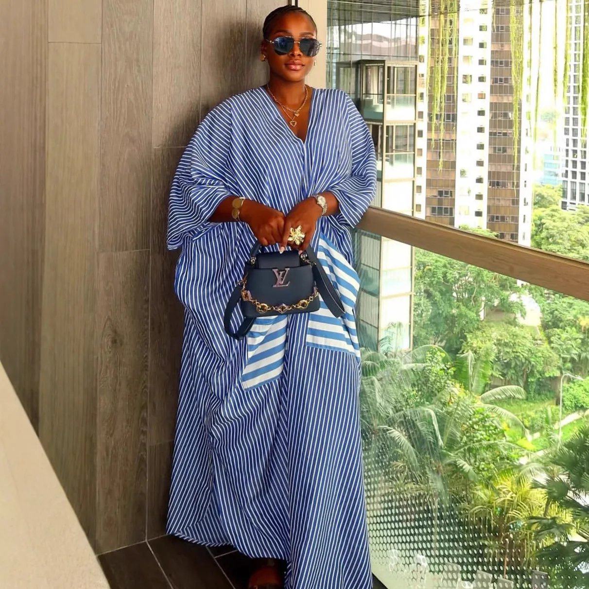 

Women Dresses Striped Dress Oversize Big Pocket Deep V Neck Short Sleeves Ankle Length Loose Casual Sexy Streetwear 2025 Summer