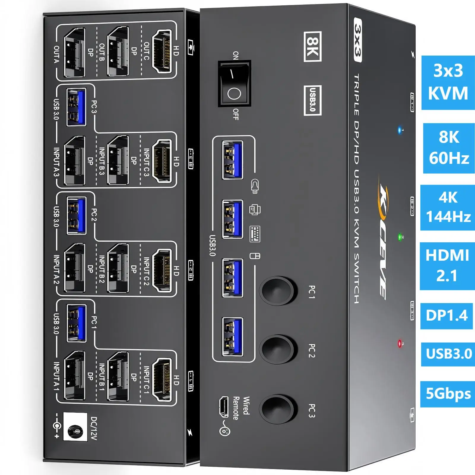 Conmutador KVM 3/2 Monitores 3 Computadoras 8K@60Hz, Triple Monitor HDMI Displayport/Monitor Dual Pantalla Mixta KVM con 4 Puertos USB 3.0