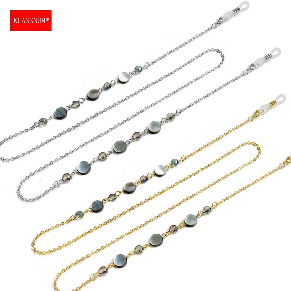KLASSNUM Women Natural Shell Crystal Glasses Chain Stainless Steel Lanyard Gold Silver Color Sunglasses Reading Glasses Strap