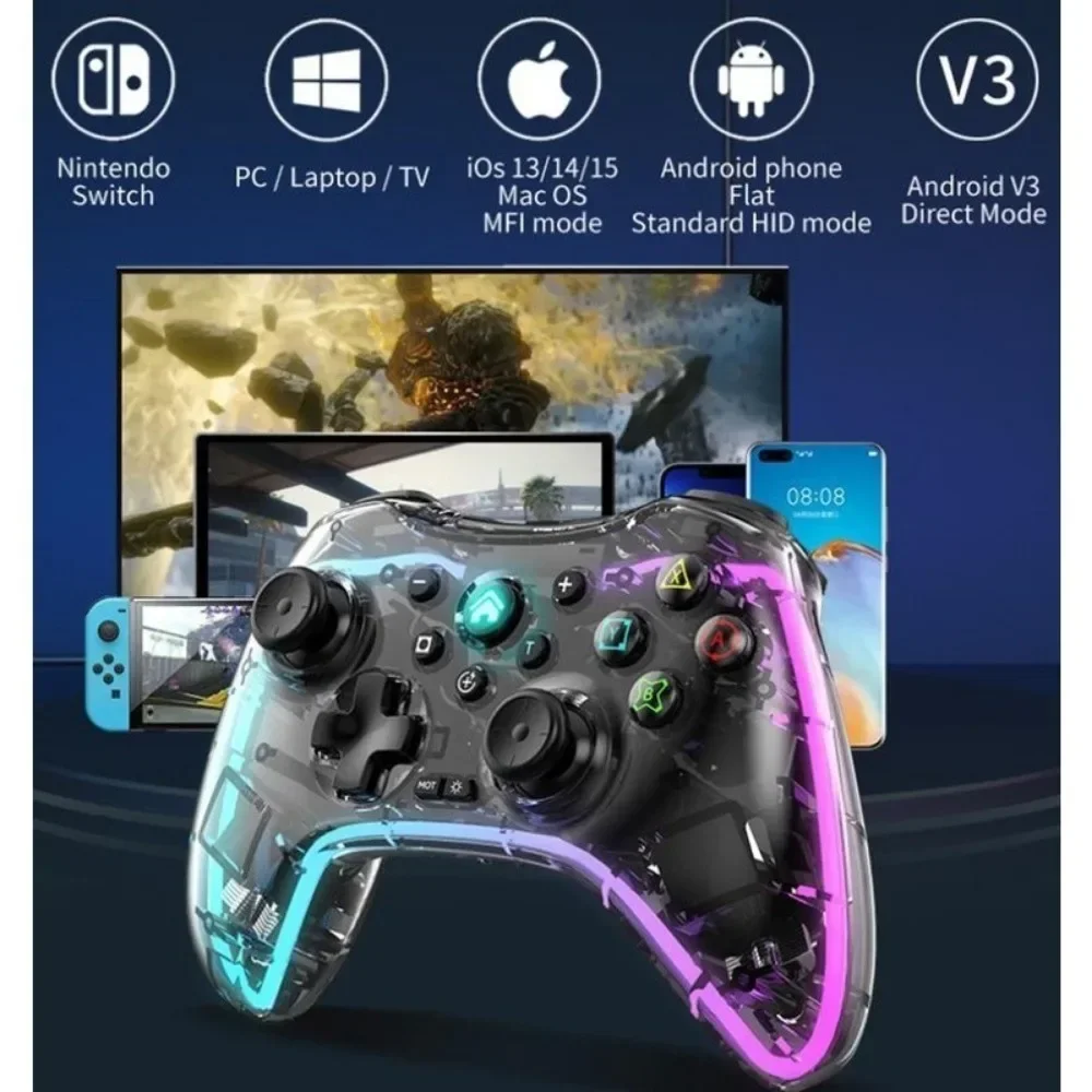 Contrôle Joystick Controle Gamepad Transparente Ajustável Rgb Brilho Luzes Bluetooth Gamepad Controlador Para Switch Pc V3